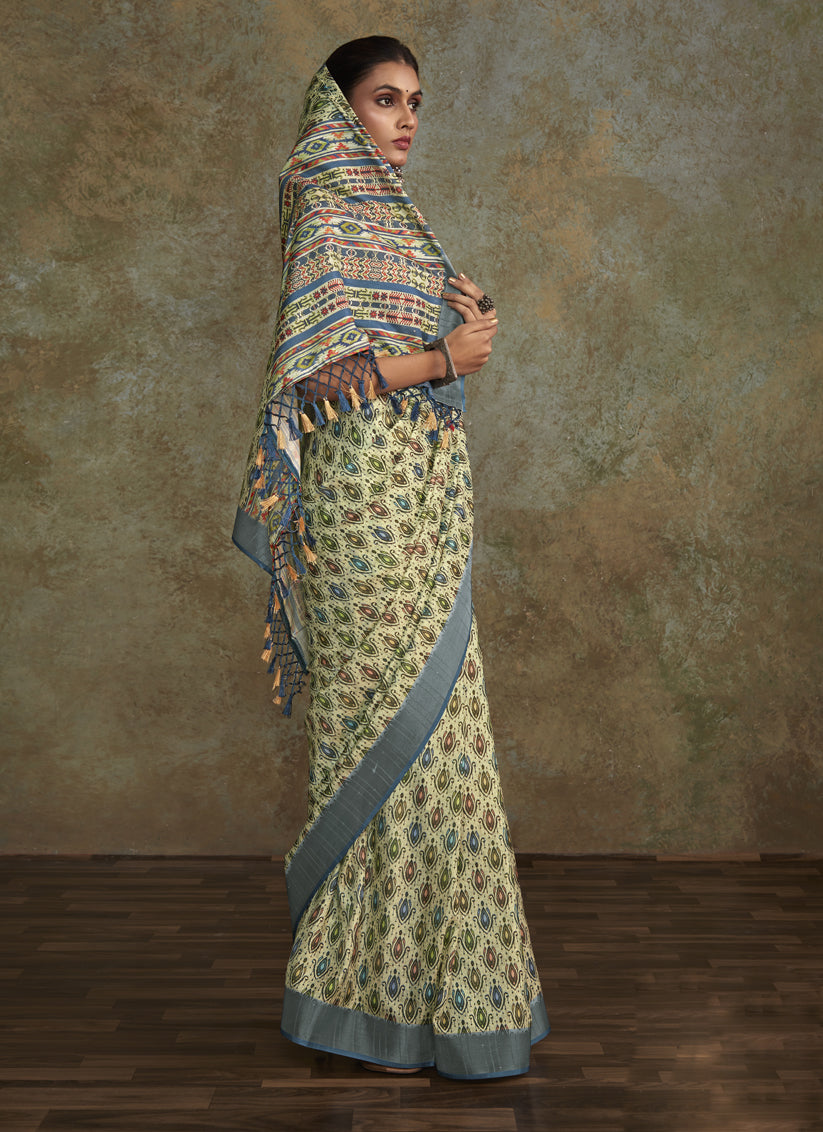 Pastel Green Handloom Silk Printed Saree