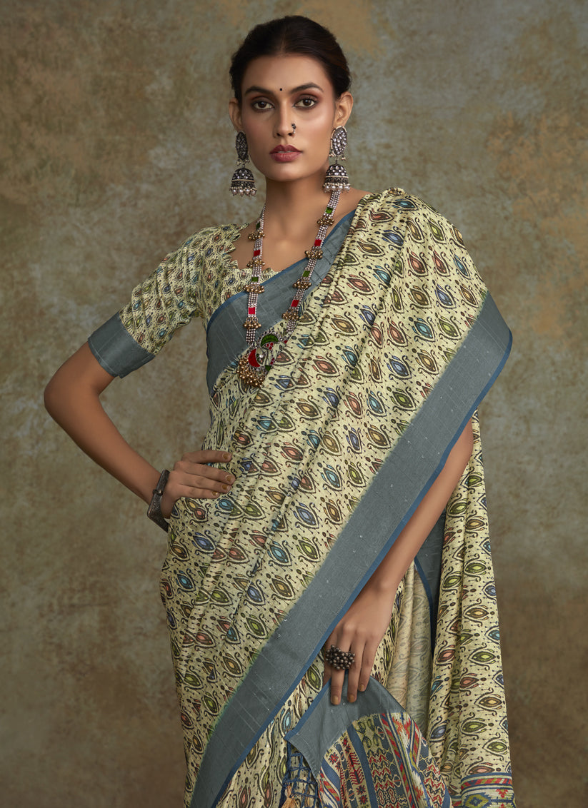 Pastel Green Handloom Silk Printed Saree