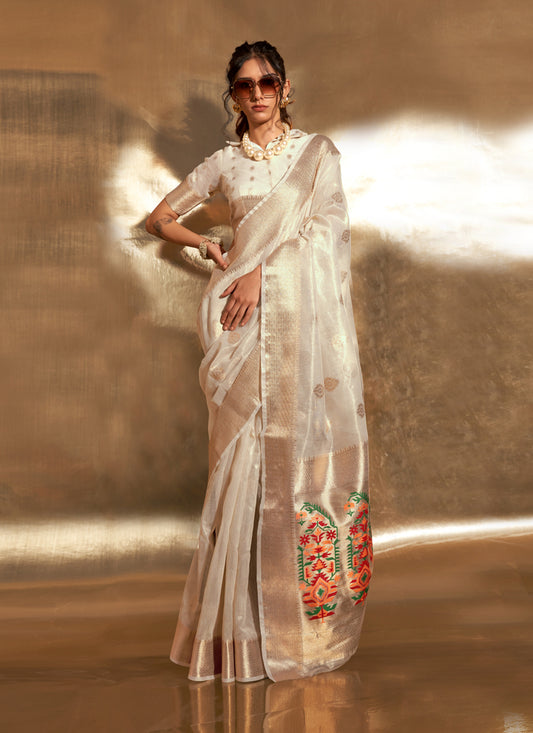 Pearl White Zari Tissue Paithani Pallu Saree