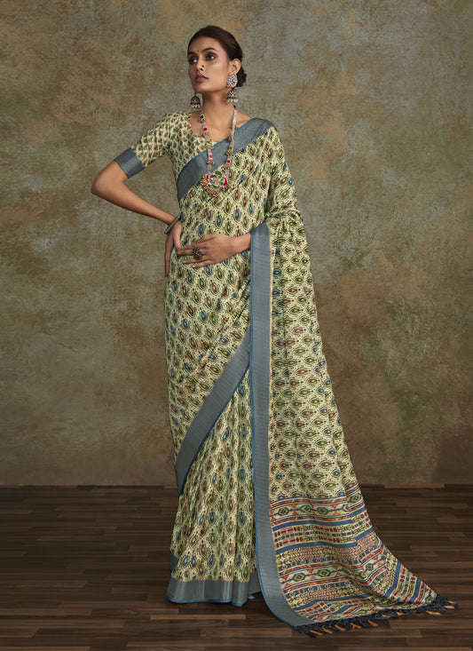 Pastel Green Handloom Silk Printed Saree