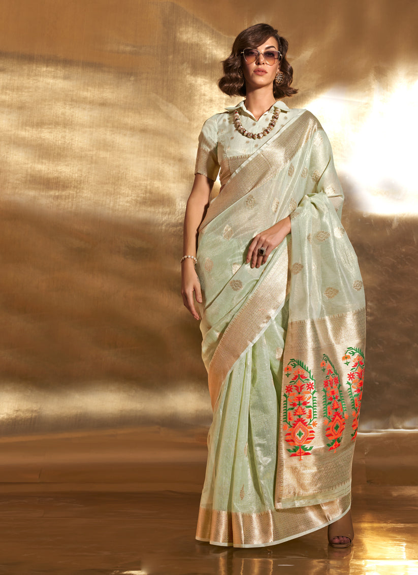 Ice Mint Zari Tissue Paithani Pallu Saree