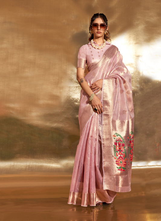 Rose Pink Zari Tissue Paithani Pallu Saree