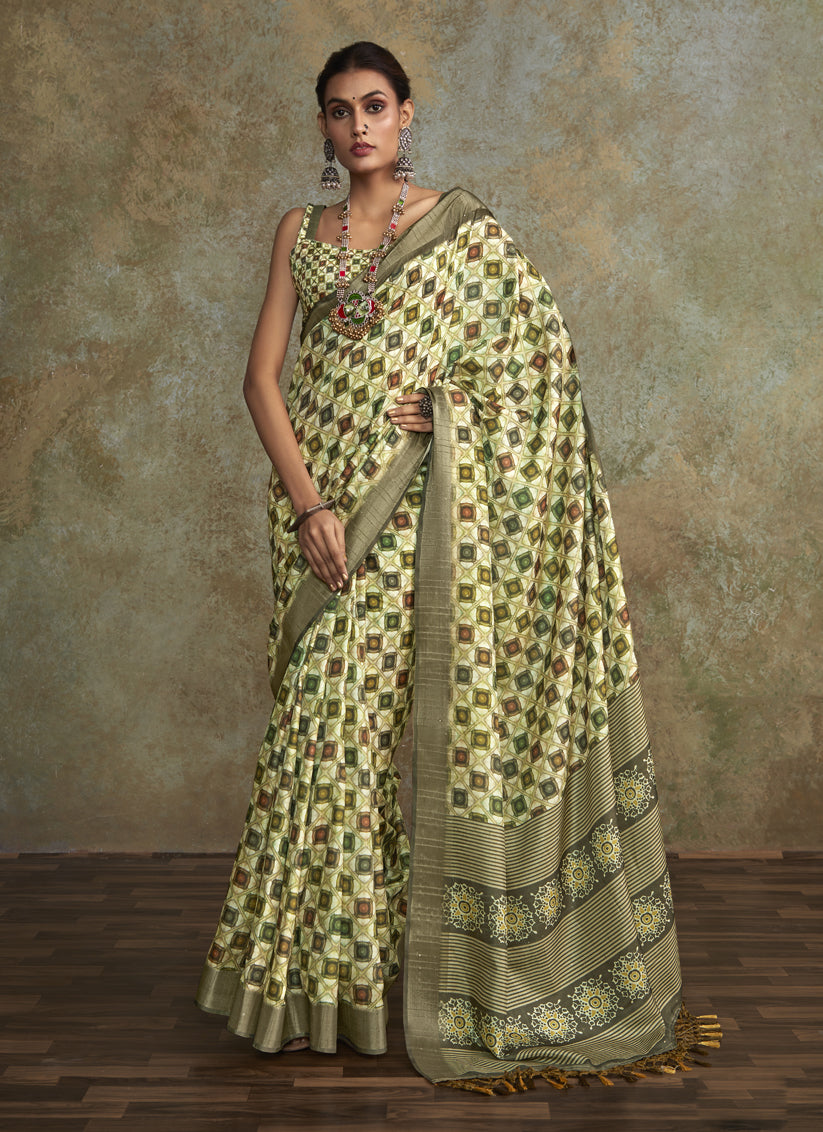 Pastel Green Handloom Silk Printed Saree