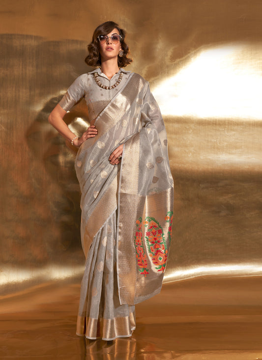 Soft Grey Zari Tissue Paithani Pallu Saree