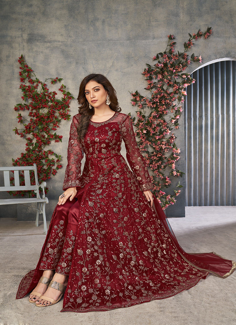 Maroon Embroidered Net Pant Kameez for Ceremonial