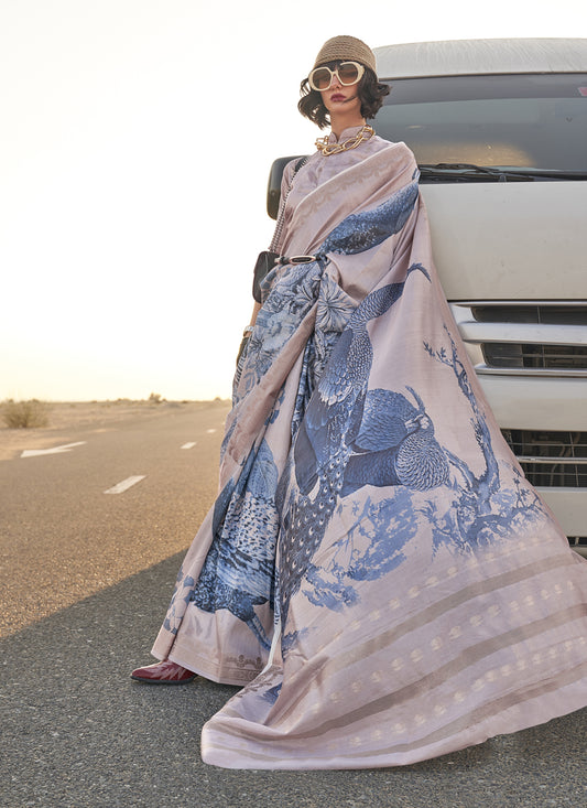 Dusty Beige and Slate Blue Tussar Silk Printed Saree