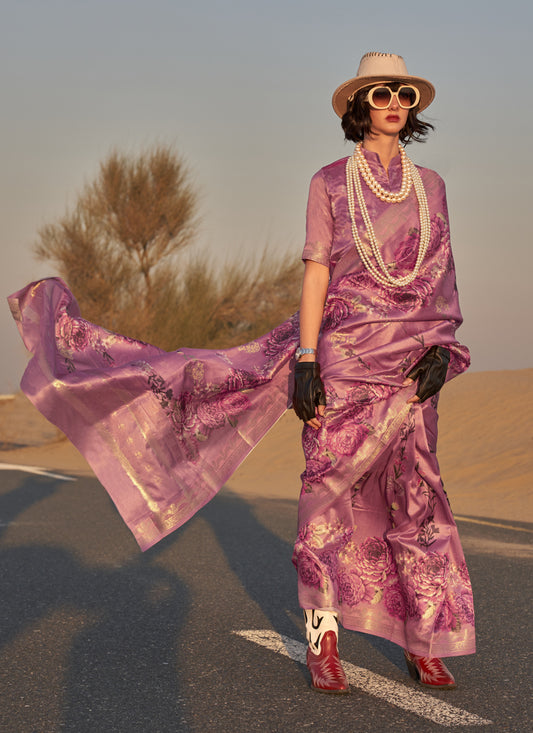 Dusty Pink Tussar Silk Printed Saree