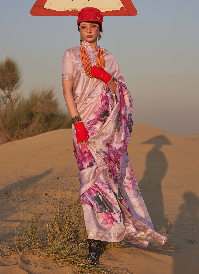 Blush Pink Tussar Silk Printed Saree