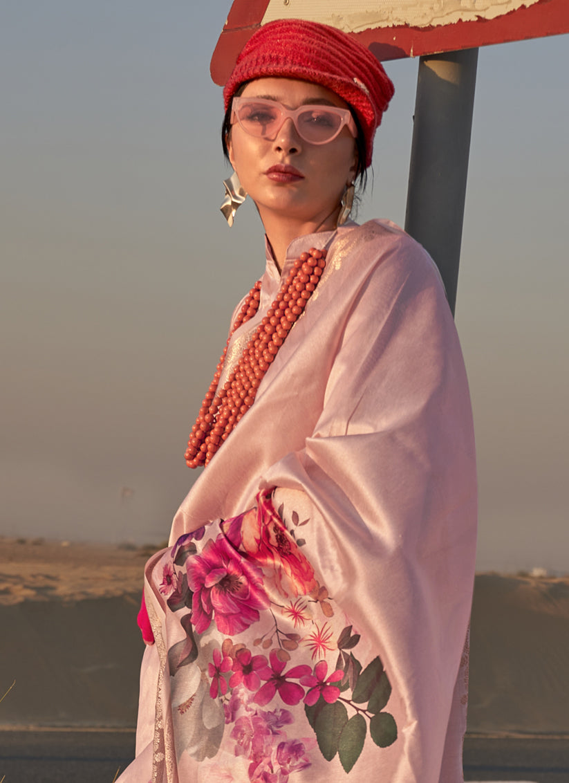 Blush Pink Tussar Silk Printed Saree