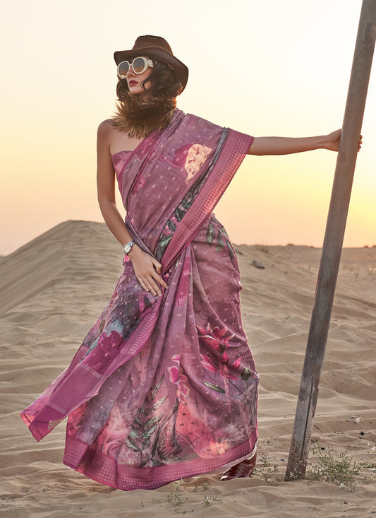 Mauve Pink Linen Digital Printed Saree
