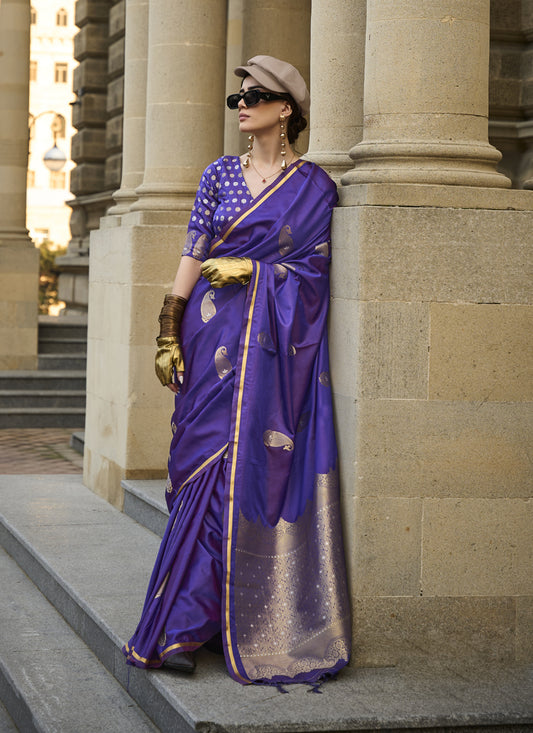 Violet Satin Silk Handloom Weaving Saree