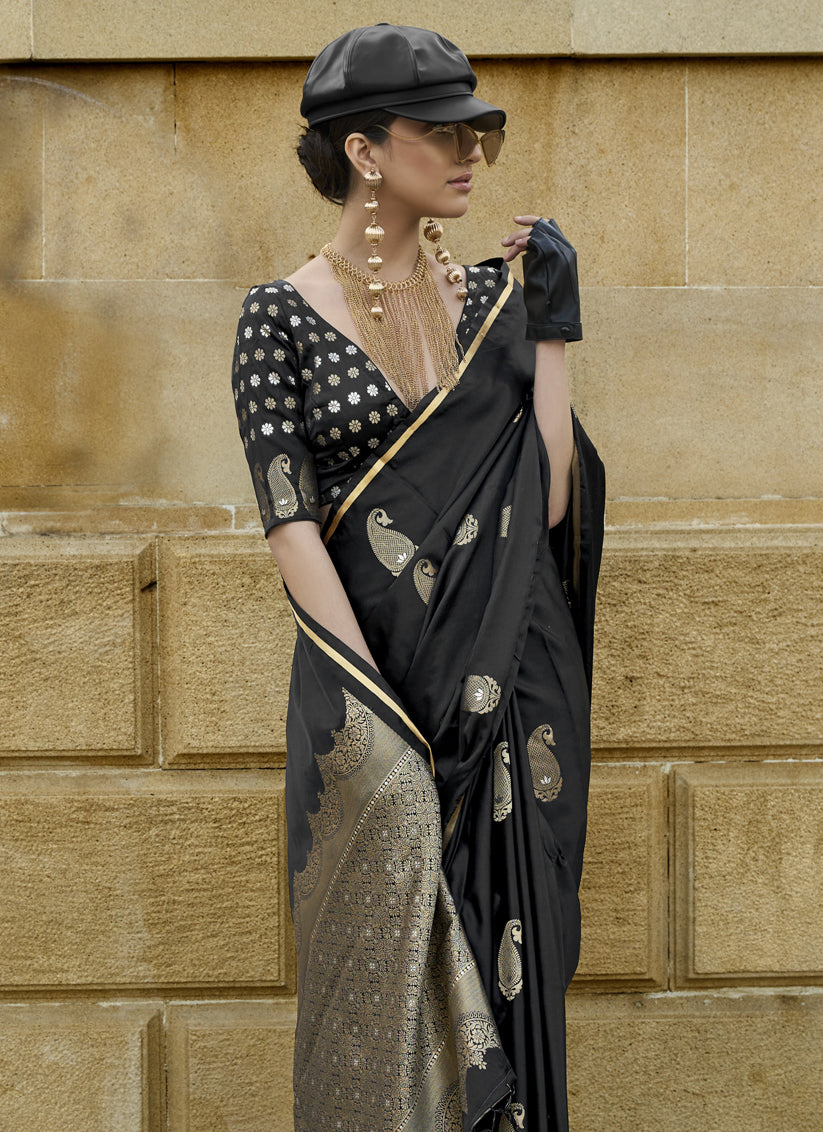 Black Satin Silk Handloom Weaving Saree