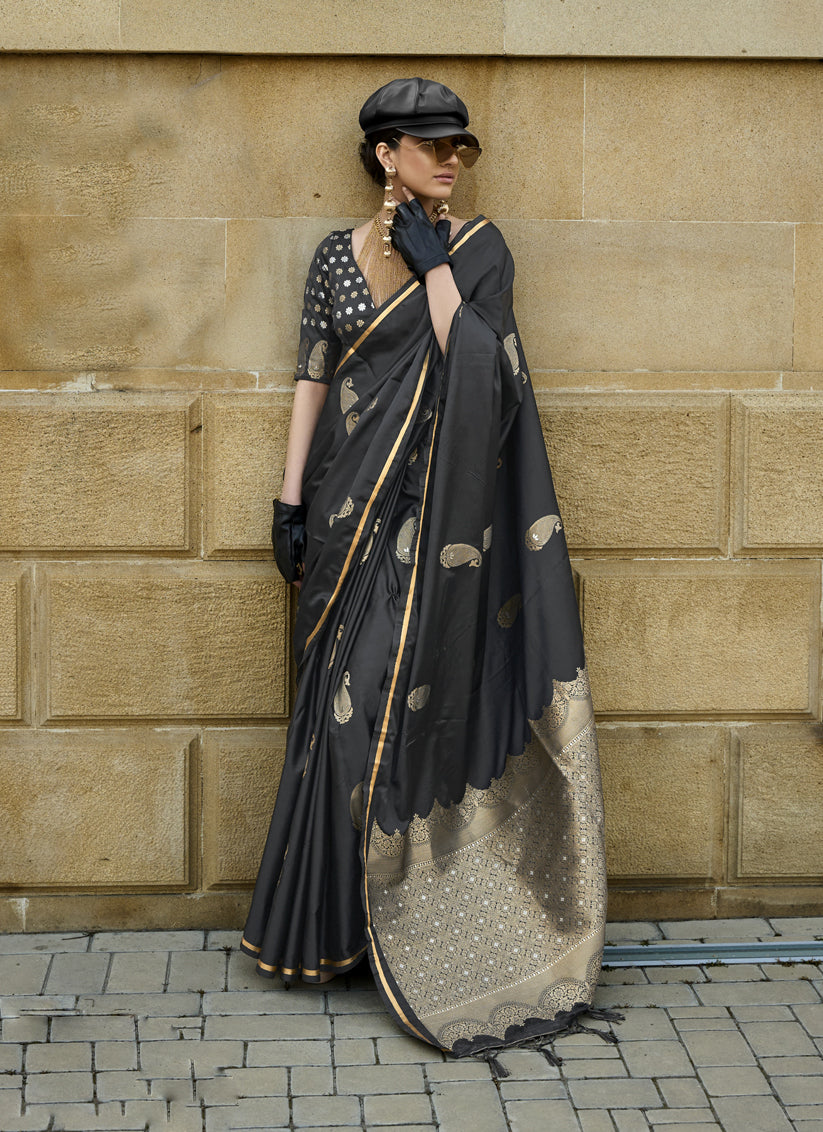 Black Satin Silk Handloom Weaving Saree