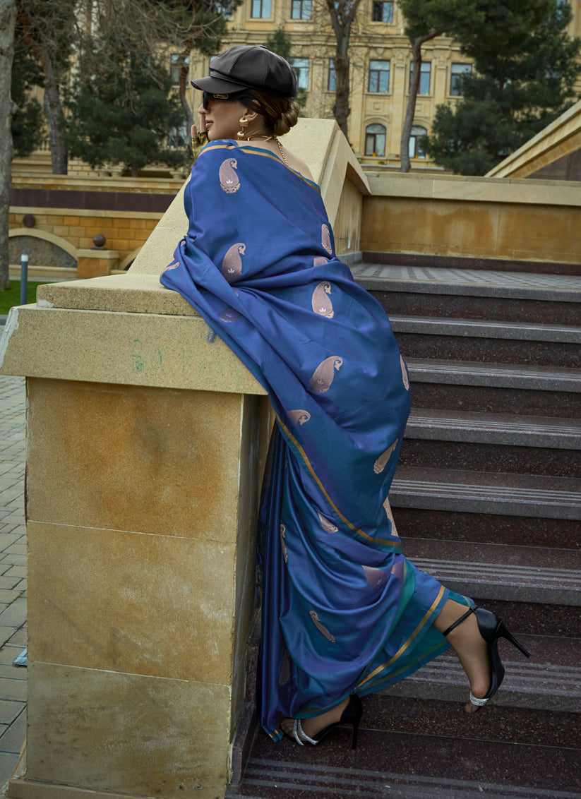 Cobalt Blue Satin Silk Handloom Weaving Saree