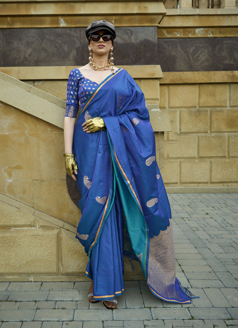 Cobalt Blue Satin Silk Handloom Weaving Saree