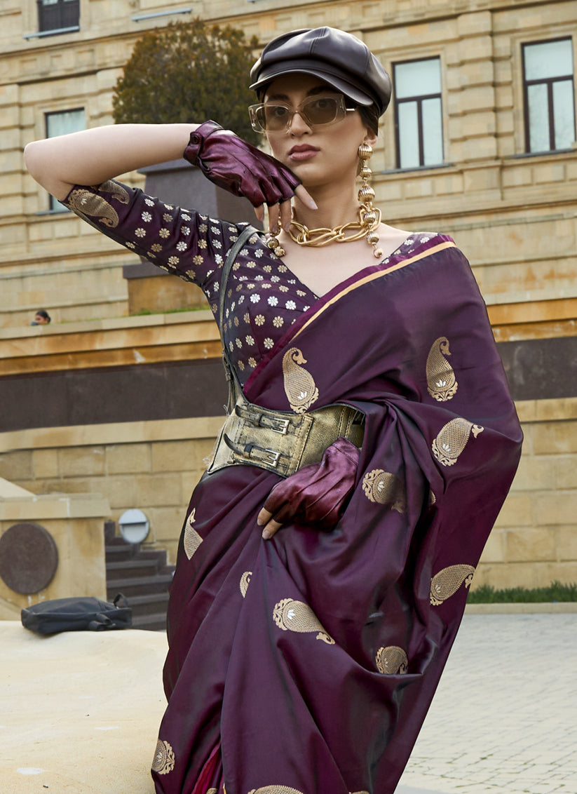 Burgundy Satin Silk Handloom Weaving Saree