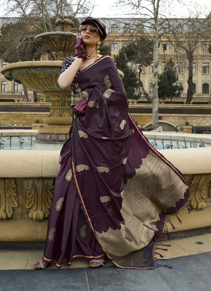 Burgundy Satin Silk Handloom Weaving Saree