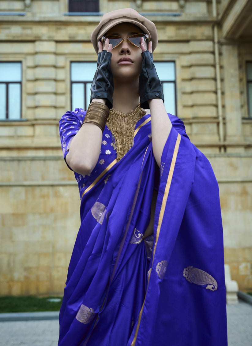 Royal Blue Satin Silk Handloom Weaving Saree