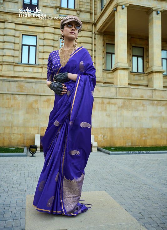 Royal Blue Satin Silk Handloom Weaving Saree