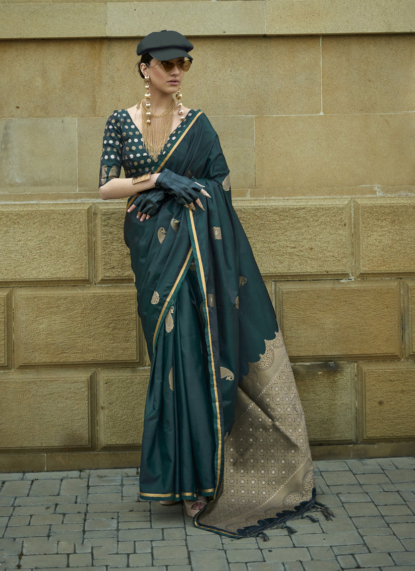 Teal Green Satin Silk Handloom Weaving Saree