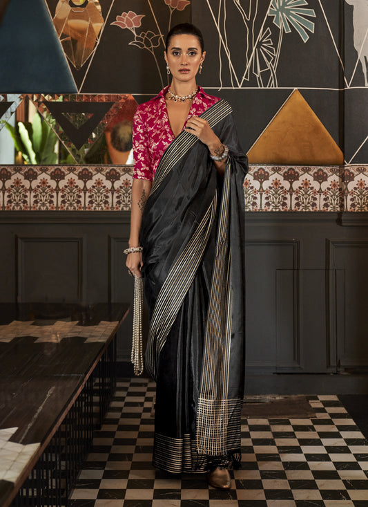 Black Pure Viscose Handloom Weaving Saree