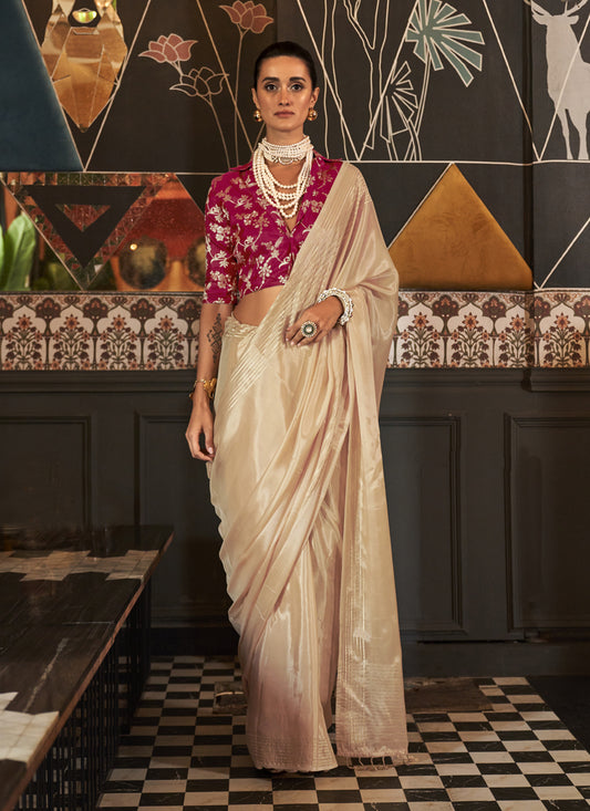 Cream Pure Viscose Handloom Weaving Saree