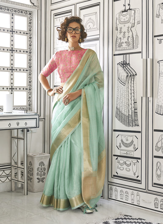 Turquoise Moss Chiffon Handloom Weaving Saree