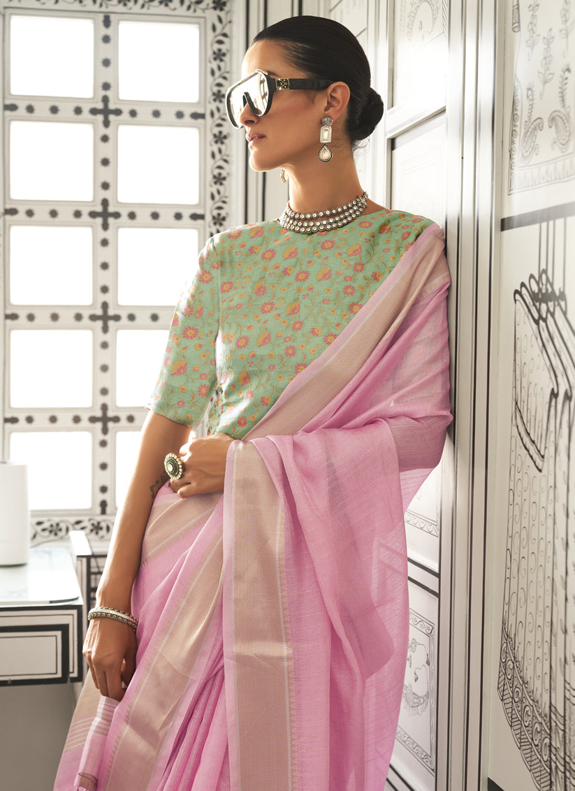 Cherry Pink Moss Chiffon Handloom Weaving Saree