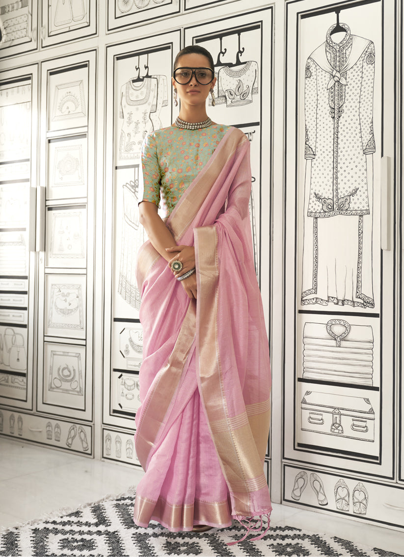 Cherry Pink Moss Chiffon Handloom Weaving Saree