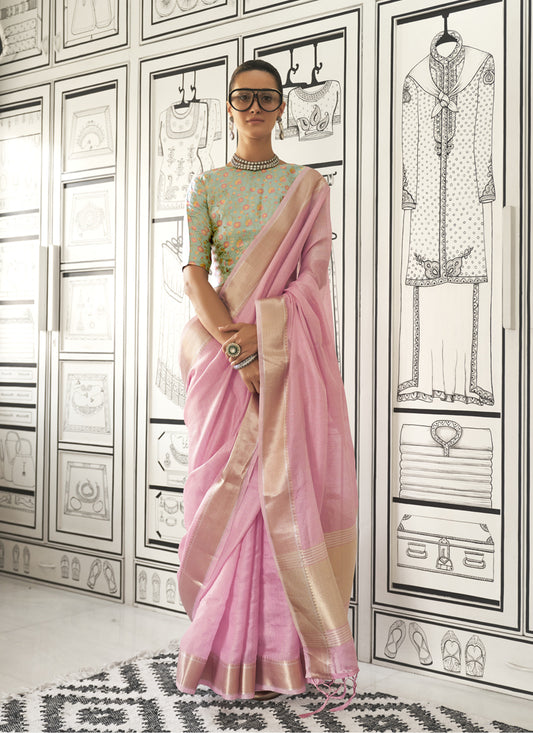 Cherry Pink Moss Chiffon Handloom Weaving Saree