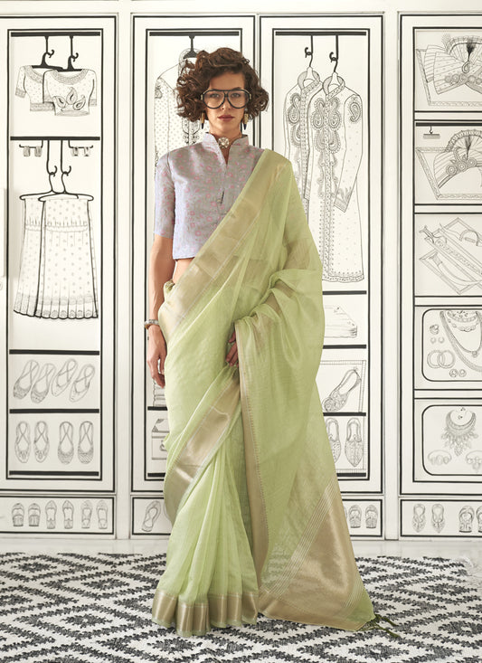 Pistachio Green Moss Chiffon Handloom Weaving Saree