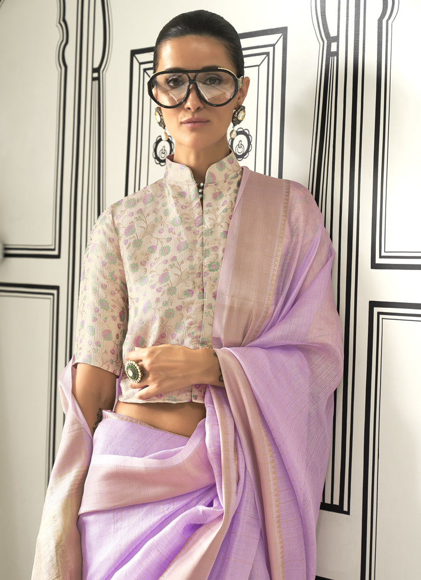 Lilac Pink Moss Chiffon Handloom Weaving Saree