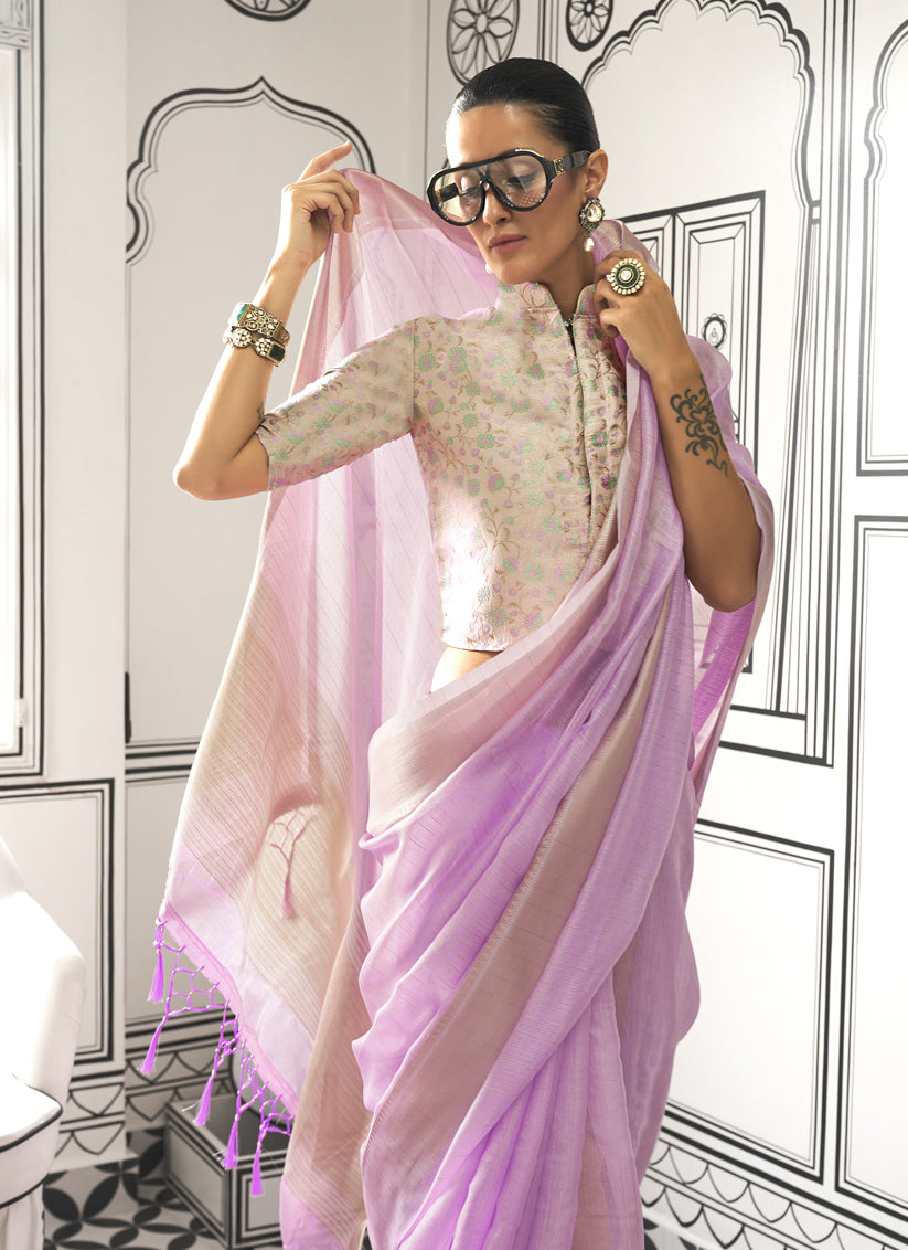 Lilac Pink Moss Chiffon Handloom Weaving Saree