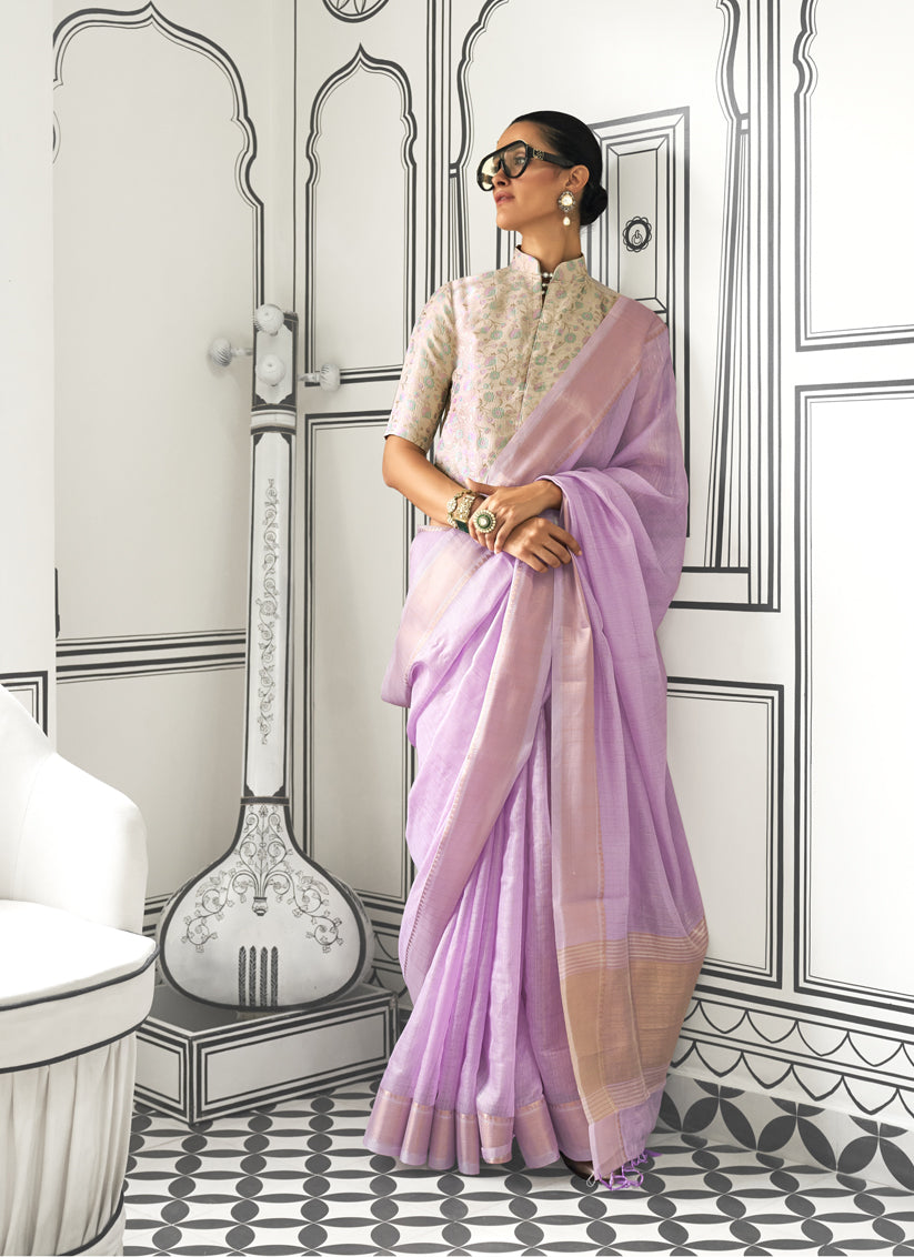 Lilac Pink Moss Chiffon Handloom Weaving Saree