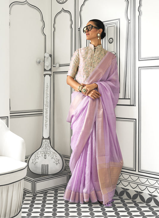 Lilac Pink Moss Chiffon Handloom Weaving Saree