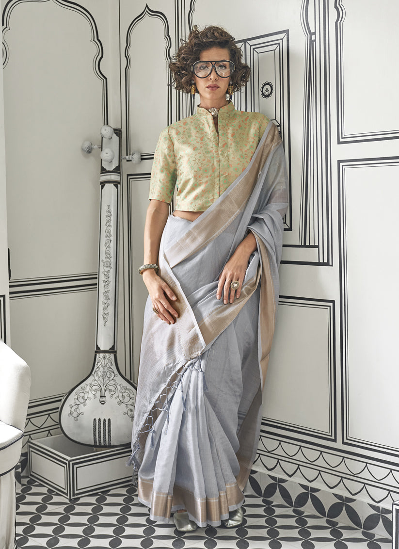 Silver Grey Moss Chiffon Handloom Weaving Saree