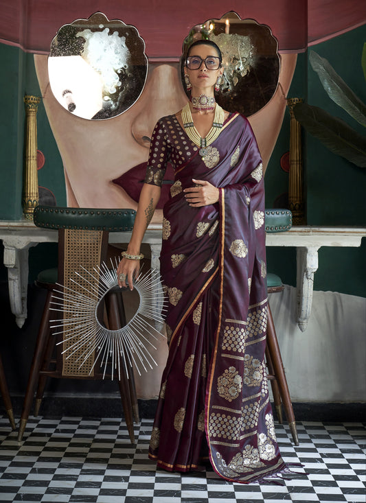 Burgundy Satin Silk Handloom Weaving Saree