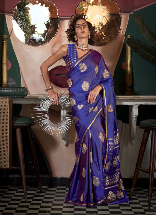 Violet Satin Silk Handloom Weaving Saree