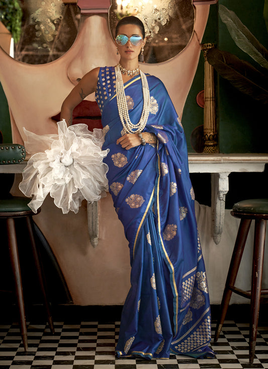 Royal Blue Satin Silk Handloom Weaving Saree