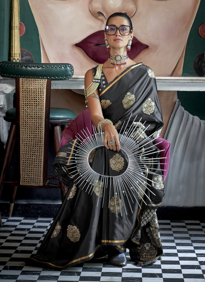 Black Satin Silk Handloom Weaving Saree