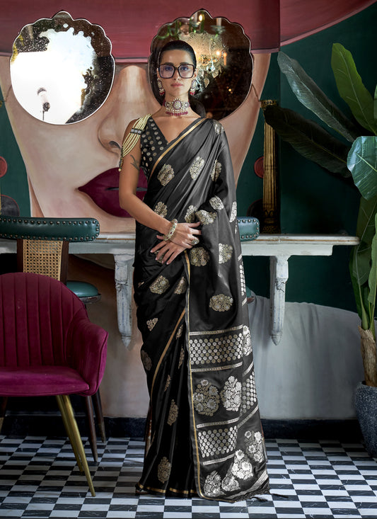 Black Satin Silk Handloom Weaving Saree