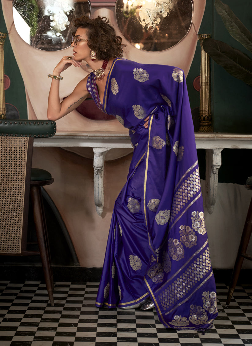 Purple Satin Silk Handloom Weaving Saree