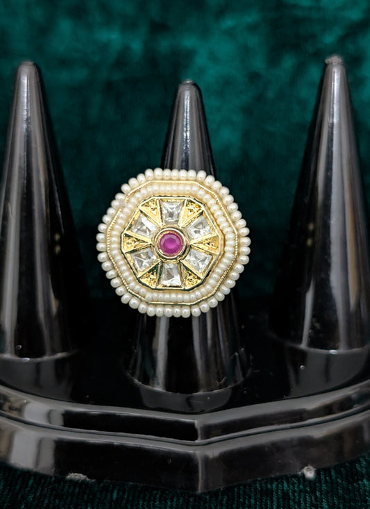 Rose Pink Kundan Studded and Pearl Ring For Women