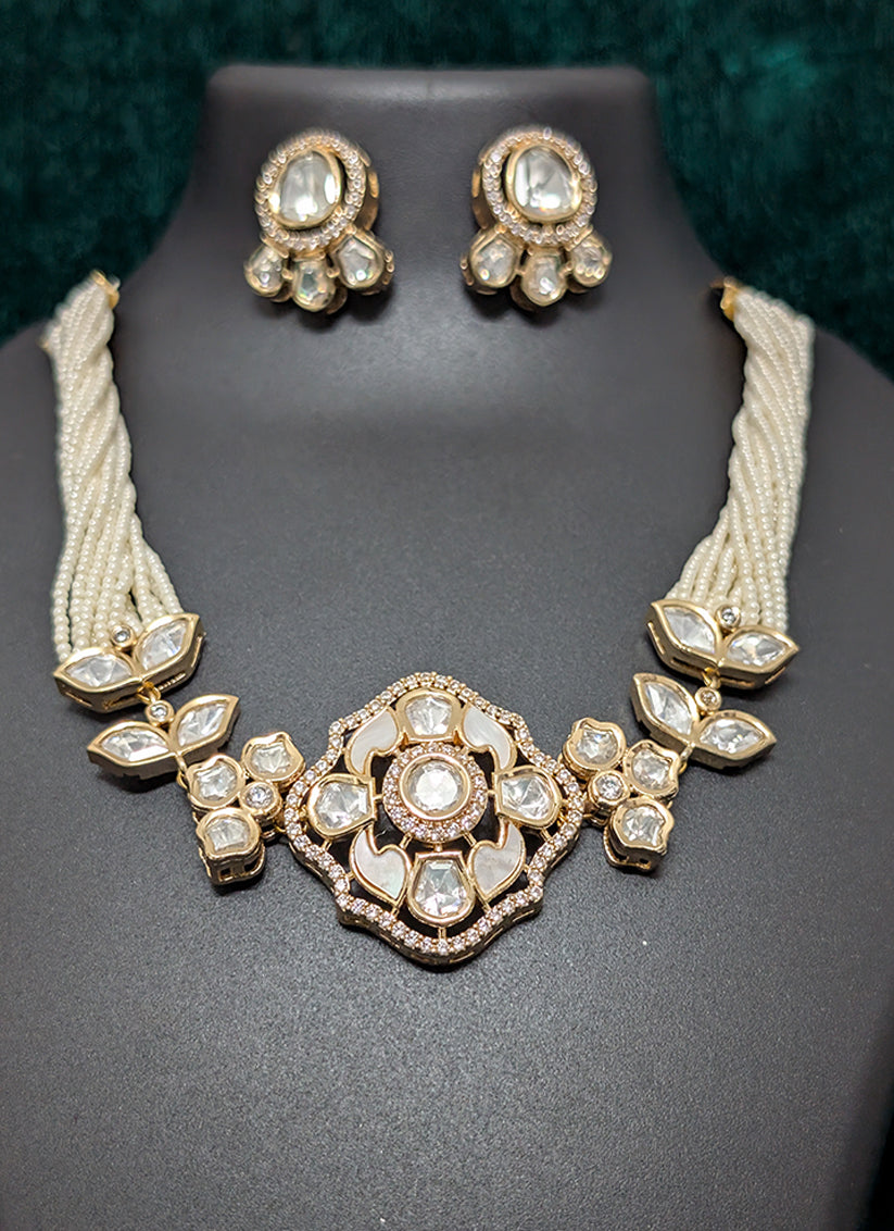 Elegant White Pearl & Stone Choker Necklace Set