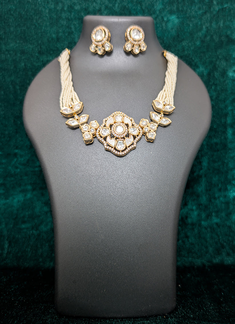 Elegant White Pearl & Stone Choker Necklace Set