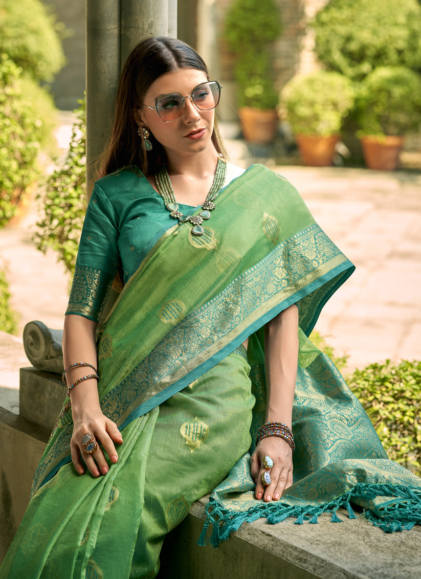 Fern Green Tissue Silk Woven Saree for Festival