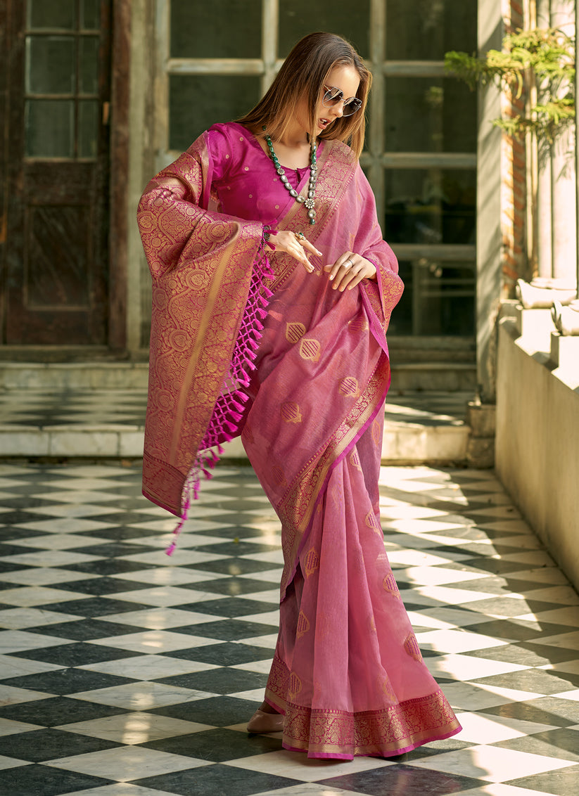 Cherry Pink Tissue Silk Woven Saree for Festival