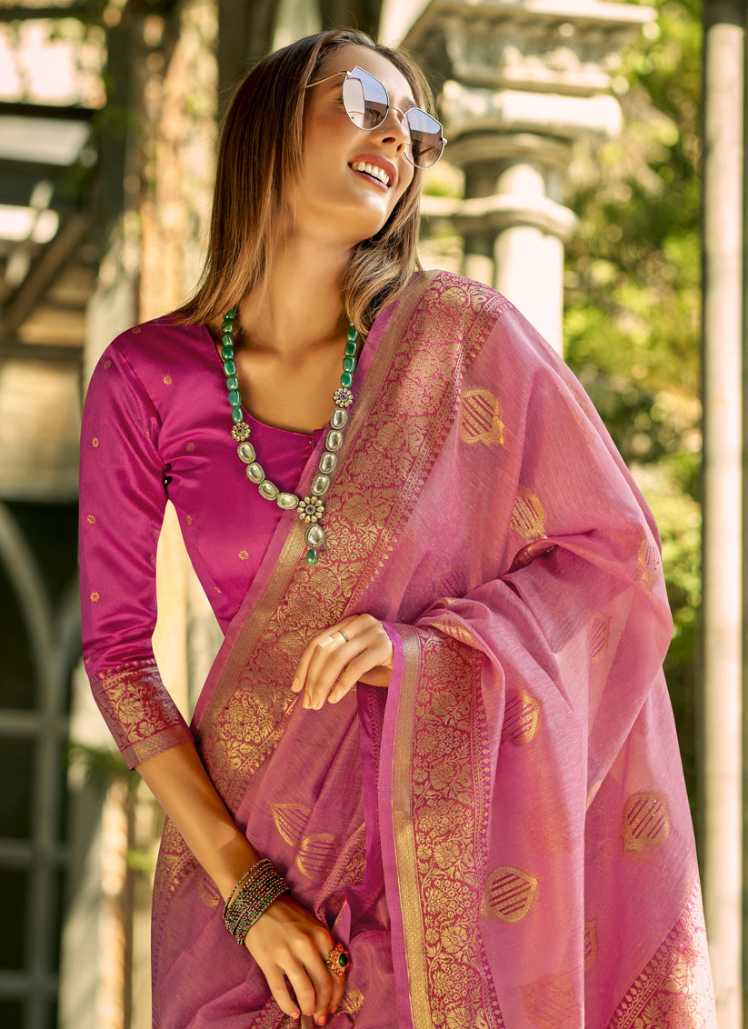 Cherry Pink Tissue Silk Woven Saree for Festival