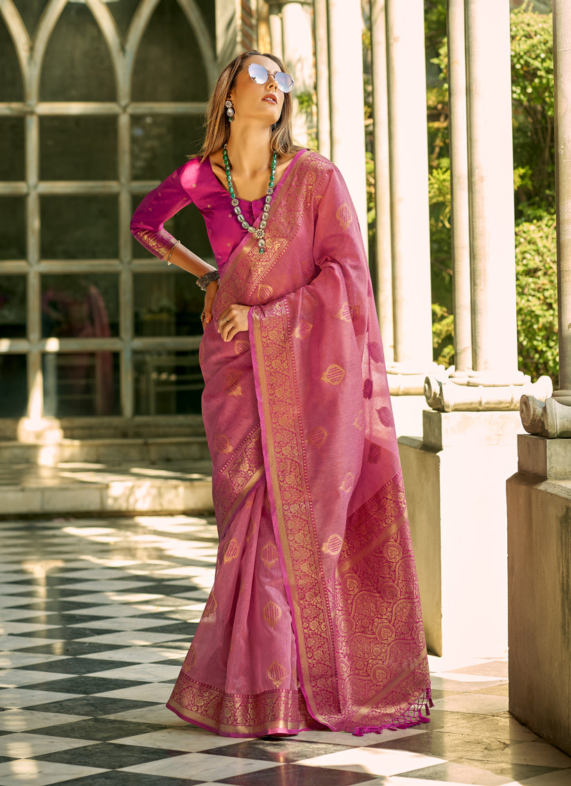 Cherry Pink Tissue Silk Woven Saree for Festival