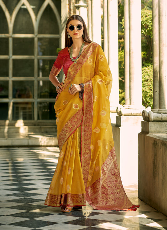 Mustard Tissue Silk Woven Saree for Festival